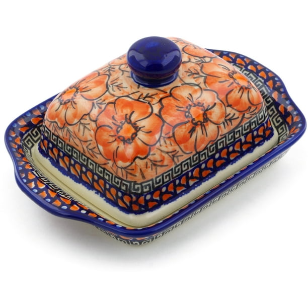 Textured Butterfly Motif Large Vintage Handmade Ceramic Casserole Dish With Lid Blue Tan